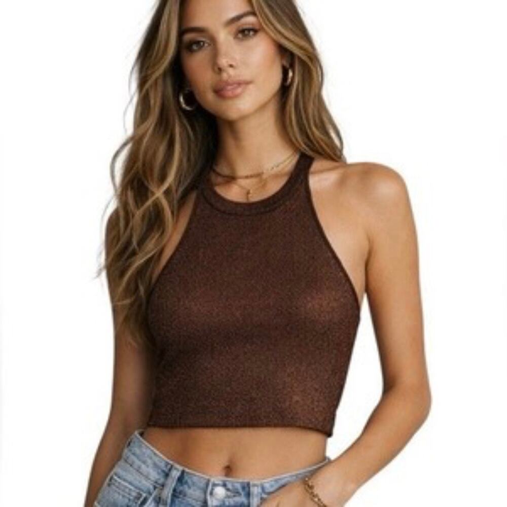 House of Harlow 1960 Brown Gold Metallic Ribbed Knit Racerback Crop Tank Top M